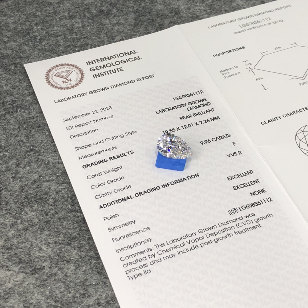 IGI certified pear shaped lab grown diamond with report