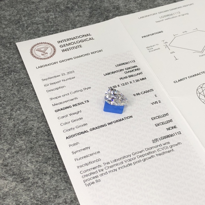 IGI ラボ グロウン ダイヤモンド ペア 9.96ct EVVS2