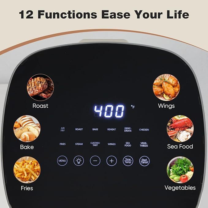 Air Fryer 12-in-1 Air Fry, Roast, Reheat, Dehydrate, Bake, Steam, Fries, Custard, Chicken, Wings, Sea Food, Vegetabels,400F