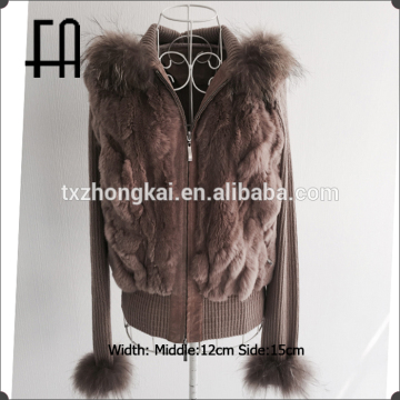 Factory direct wholesale price acrylic knit rabbit fur coat with raccoon fur trim