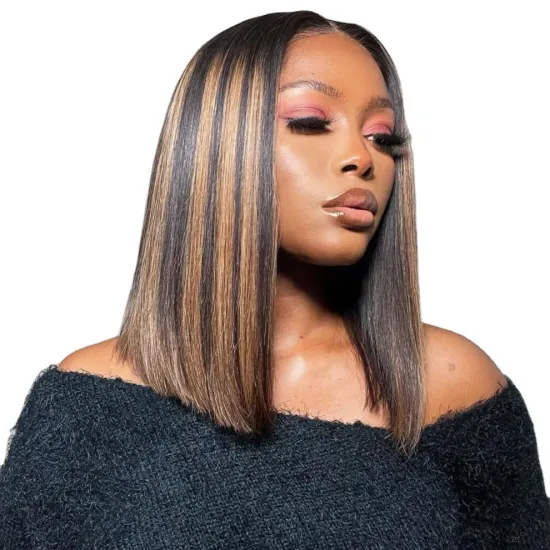 wholesale Ombre P4/27 Colored virgin Brazilian hair Straight pixie cut bob wig Brown and Blonde Highlight Human Hair Wigs