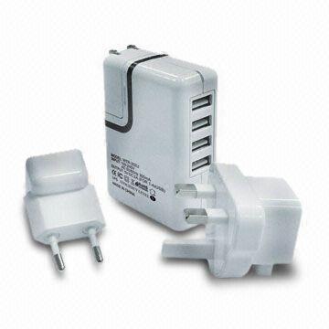 4-port USB Travel Charger for iPad, iPhone and iPad with 100 to 240V DC Input, 5V 1A Output