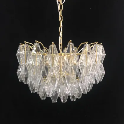 Venini Collection Poliedri Murano Glass Chandelier Pendants - Gold Metal Frame