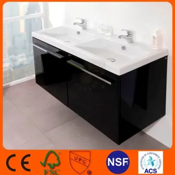 Double sinks modern bathroom vanity combo with galaxy black granite countertop