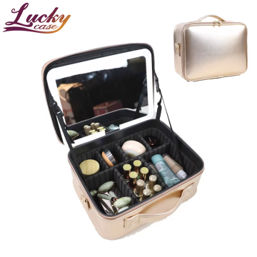 Luxury Gold PU Makeup Bag with LED Mirror & Light