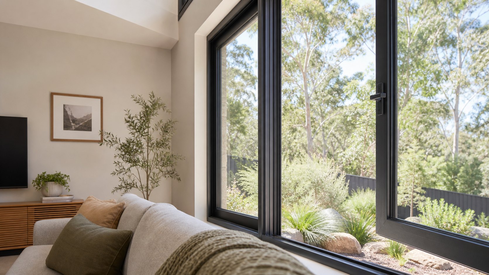 Charcoal aluminium casement window with locking handle in an Australian living room