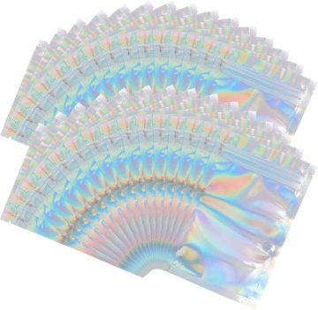 Tas ritsleting mylar holografik dengan jendela transparan