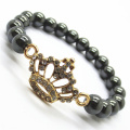 Hematite 8MM perles rondes Stretch Gemstone Bracelet avec Diamante alliage couronne impériale Pièce