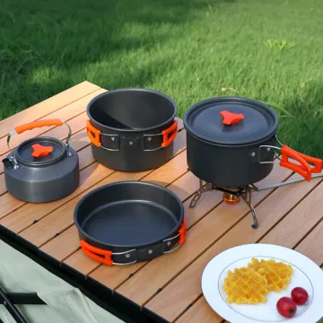 Portable non-stick anodized aluminum hiking cookware set outdoor cooking gear camping pot cookware set for outdoor