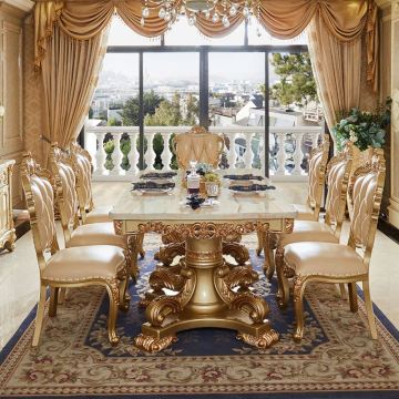 European Villa 6 Seater Solid Wood Carving Gold Marble Dining Table Set