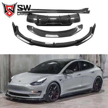 Accessoires de style en fibre de carbone V pour Tesla Modèle 3: lèvre avant, jupes latérales, diffuseur de pare-chocs arrière, aile arrière