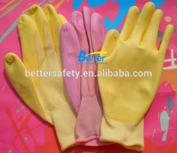 Discount 13 Guage yellow Polyester Coated yellow Anti-Static PU palm Wholesale Work Gloves