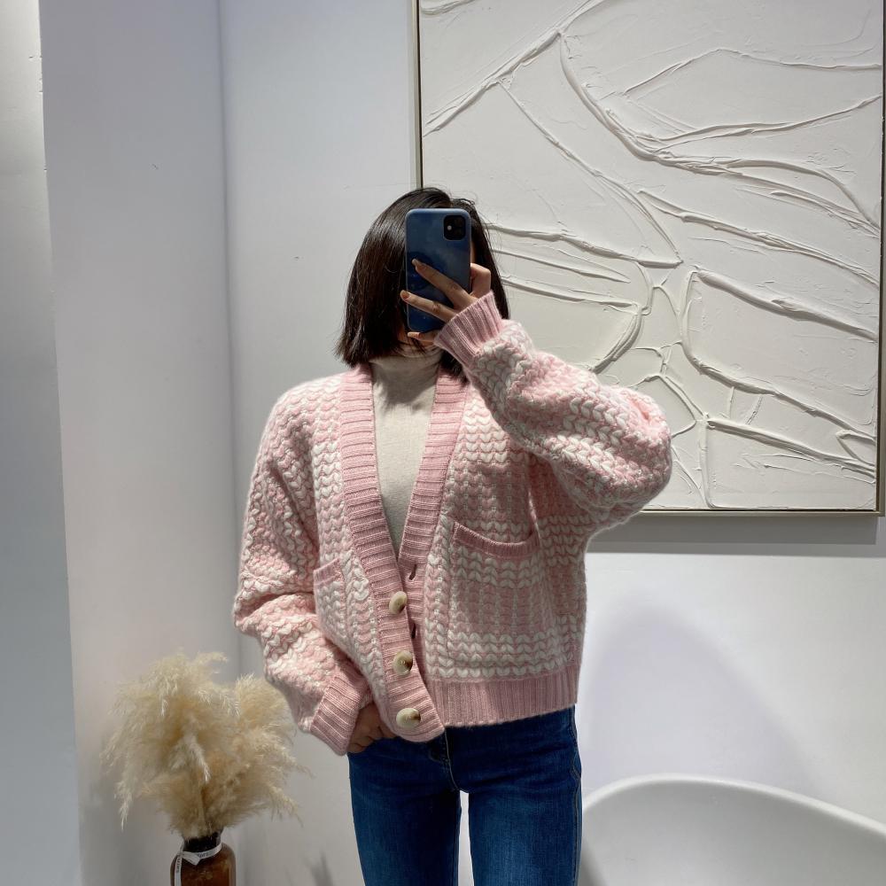 Cardigan court manteau ample en cachemire rose