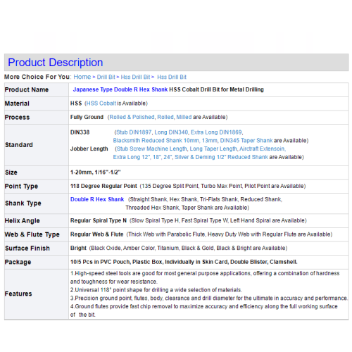 Double R Hex Shank HSS Cobalt Drills Bit
