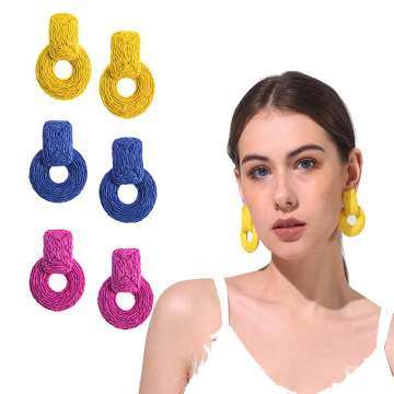 Tatement Raffia Round Earrings - Boho Drop Handmade Straw Earrings - Geometric Dangle Earrings for Women Girls