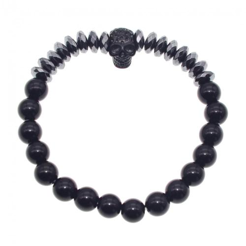 Fashion Black Natural Stone Crystal Bracelet Skull 8mm Bead Stainless Steel Bracelet