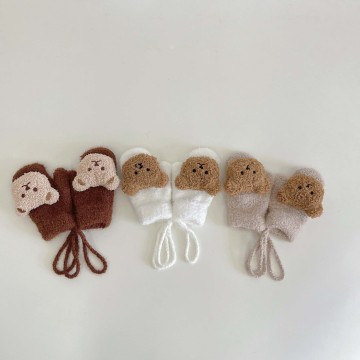 Teddy Velvet Embroidery Bear Winter Gloves for Kids 1-4T: Warm, Plush, and Stylish Knitted Mittens with Rope for Toddlers