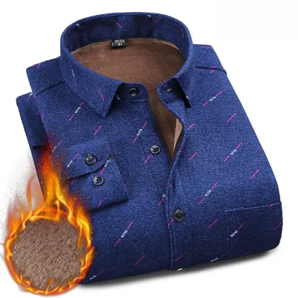 Mens Long-sleeved Warm Plus Cashmere Plaid Shirt