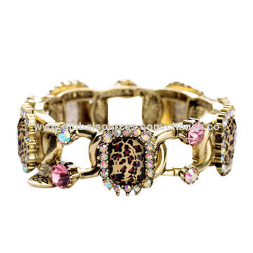 Fancy Metal Bangle in Leopard Pattern Stones, with Shining Rhinestones Decoration