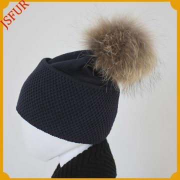 Unique latest design kids cotton beanie knit hat with custom real raccoon fur pom poms