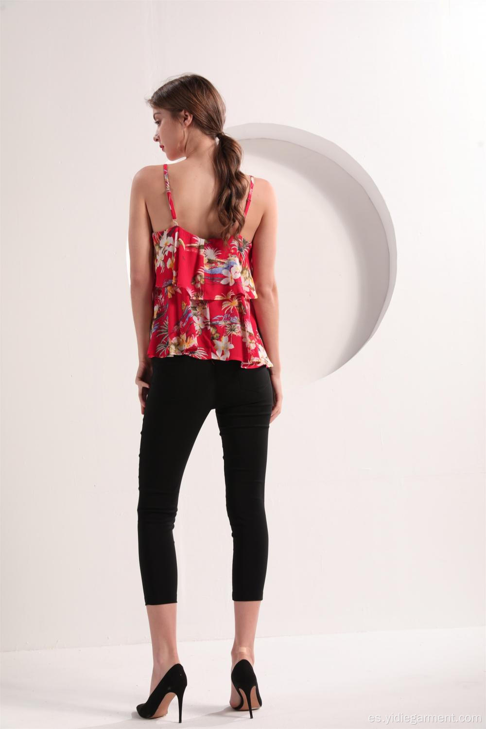 Top de camuflaje floral rojo para mujer