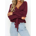 Damen V Hals Gürtel Taille Ruffle Pullover Top