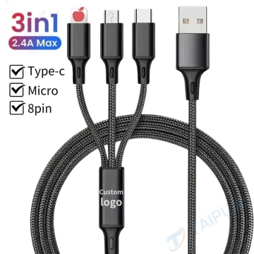 Taipuxi RTS Wholesale Nylon Charger USB-3-in-1 شحن كابل وشاحن الهاتف المحمول متعدد الشحن