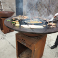 Corten steel fire pit with wooden grill bbq