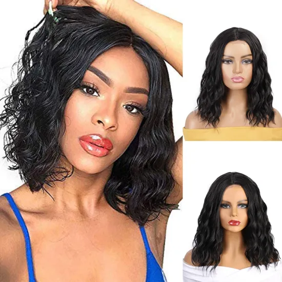 Vigorous Top Quality Short Wavy Bob Wigs For Black Women Middle Part Synthetic Lace Black Wigs Wholesale Price