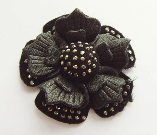 Leather Flower Shoe Clips with Hot-Fix Rhinestone