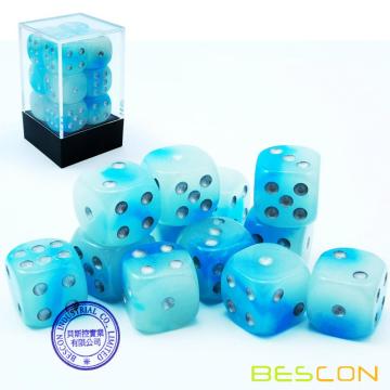 Двухцветные светящиеся кости Bescon D6 16мм 12шт. Набор ледяных горных пород, 16мм, шестигранный штамп (12), блок светящихся кубиков.