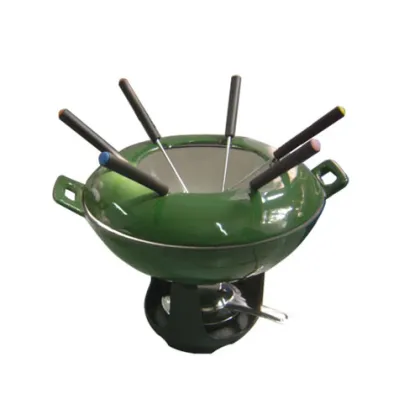 Green Enamel Cast Iron Chocolate Fondue Set