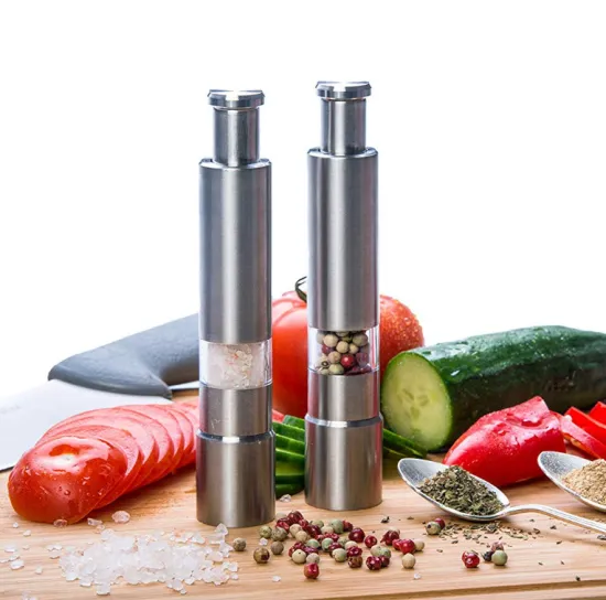 Professional Miniature Stainless Steel Thumb-Operated Salt and Pepper Grinder Set with Stand for Barbecue Cooking