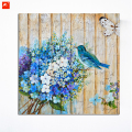 Μπλε Μπουκέτο ξύλο Wall Art Λουλούδια Πουλιά Ελαιογραφία