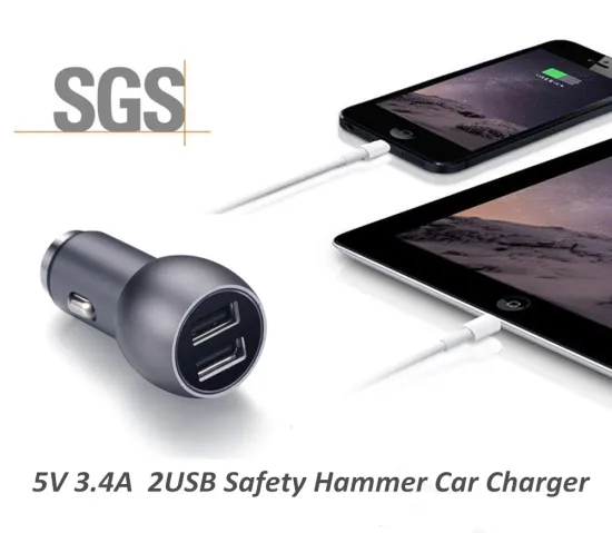5V 3.4A car accessories dual usb car charger, Aluminum Safety Hammer Style Car Charger with SGS CE FCC ROHS
