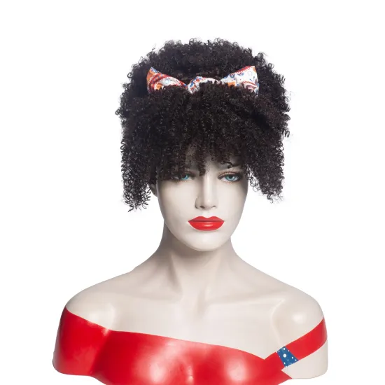 Hot Selling  Synthetic Hair Wrap Afro Kinky Curly Headband Wigs with Drawstring Dark Brown Wig for Black Women