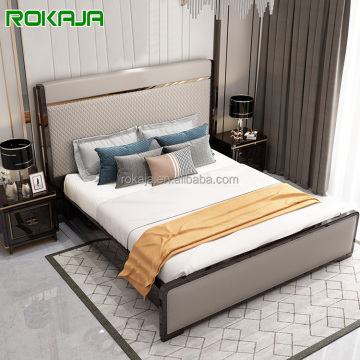 Italiaanse luxe dubbele king queen size bedden klassieke slaapkamer set - massief houten frame leer gestoffeerd 1,8 m villa bed