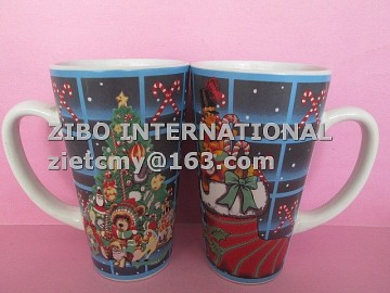 cheap 16oz v-shape ceramic mug with snowman decal for promotion