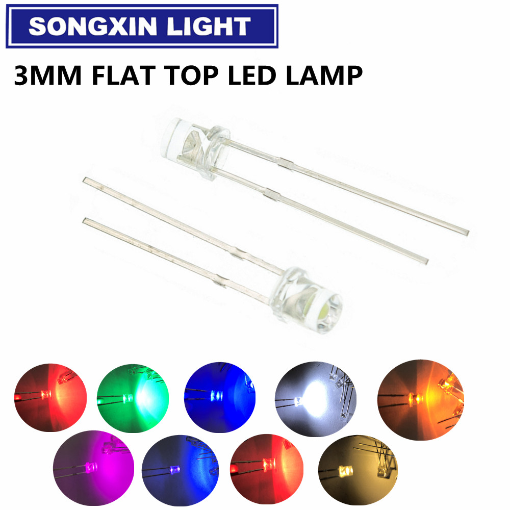 100pcs F3 3mm 2pins Flat Top White Red Yellow Blue Green Pink Diode Led Wide Angle Light Emitting Diodes Lamp Ultra Bright Bulb