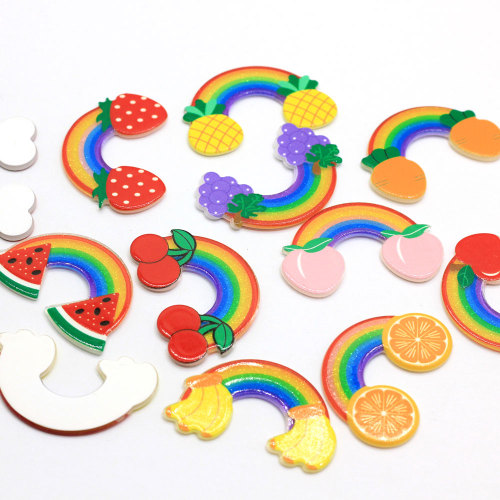 100Pcs / Lot Kawaii Rainbow Resin Cabochons Cute Sweet Rainbow With Fruit Decor Cabs For Hair Bow Center DIY