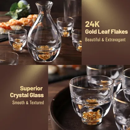 24K Gold Leaf Sake Set - Freezer Safe Crystal Sake Glasses & Carafe