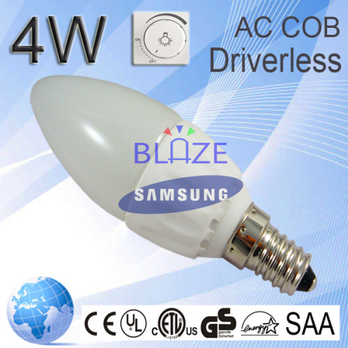 Dimmable driverless E12/E14 /E27 LED AC COB 4W candle light,ceramic