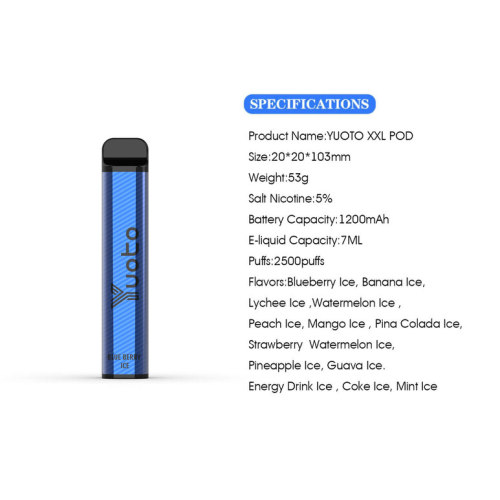 Yuoto xxl 일회용 vape 펜 키트 2500 퍼프 1200mAh