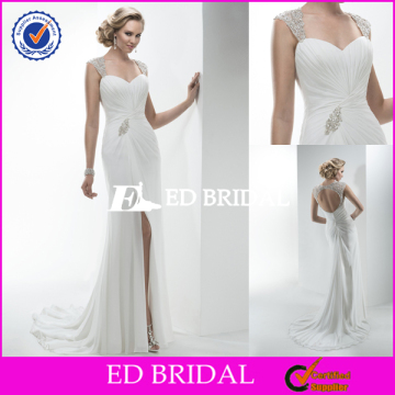 2514 open back high front slit cap sleeve beach chiffon very sexy wedding dresses