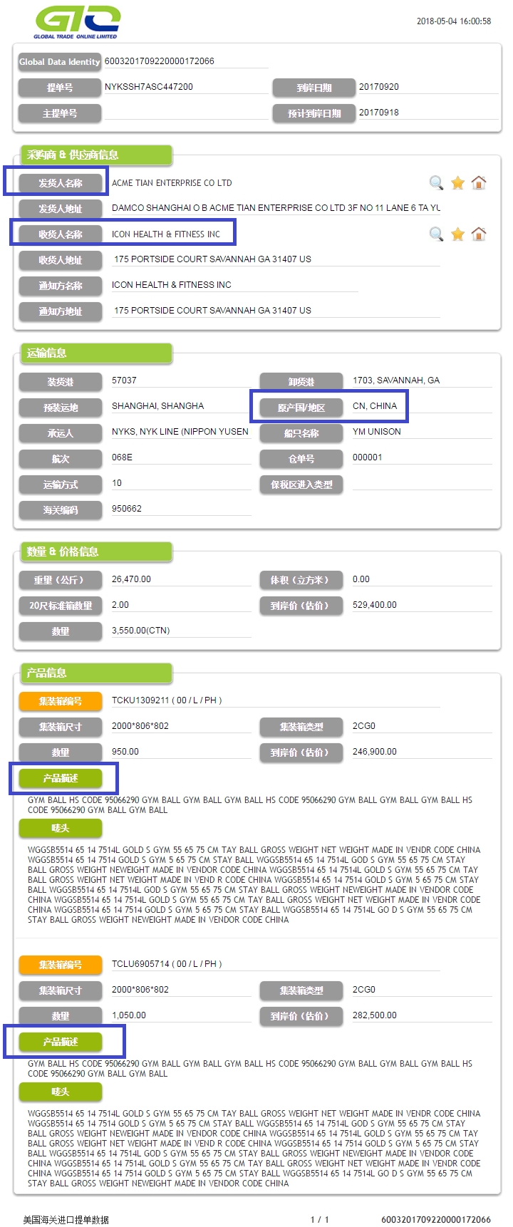 Gym Ball-USA Import Customs Data