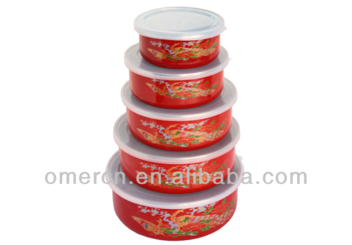 5pcs enamel bowl with plastic lid red color