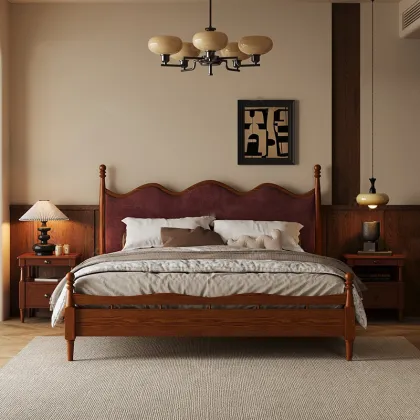 Solid Wood Bed Frame with Upholstered Headboard