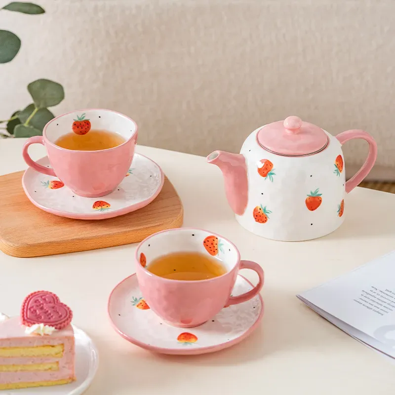 Hand-Painted Strawberry Cup and Saucer Set