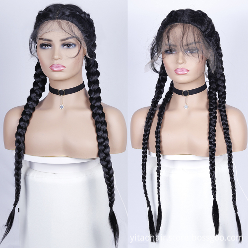 wholesale Long Double Braids 4x Twist Natural Black Synthetic Braided Lace Front Wig with Baby Hair Heat Resistant 32inch