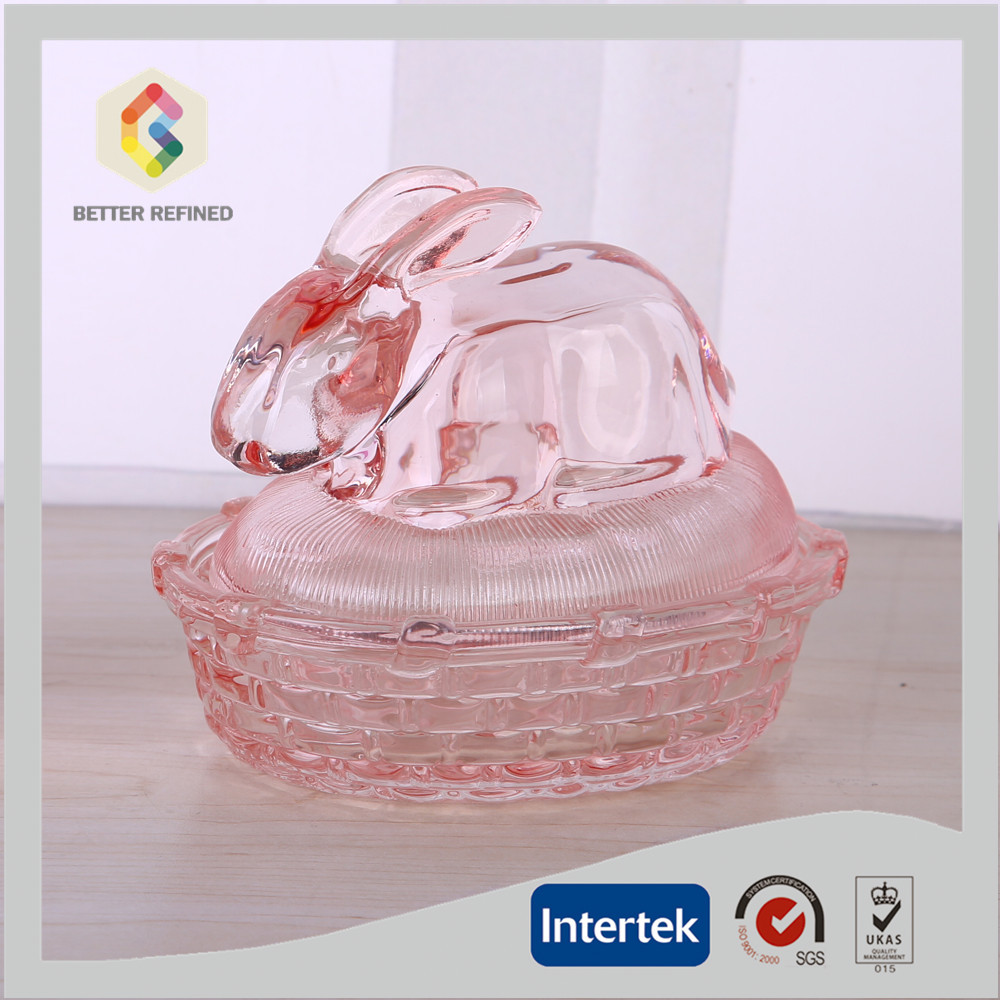 Hand Made Pink Rabbit Shaped Decorative Glass Jar With Lid